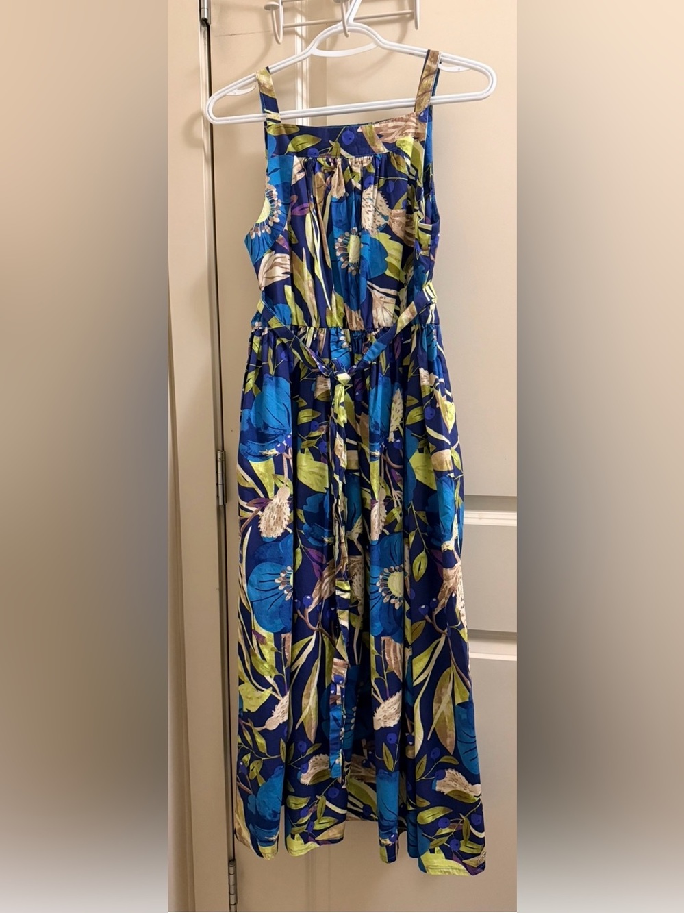 Women's Blue Floral Maxi Dress with Tie Waist